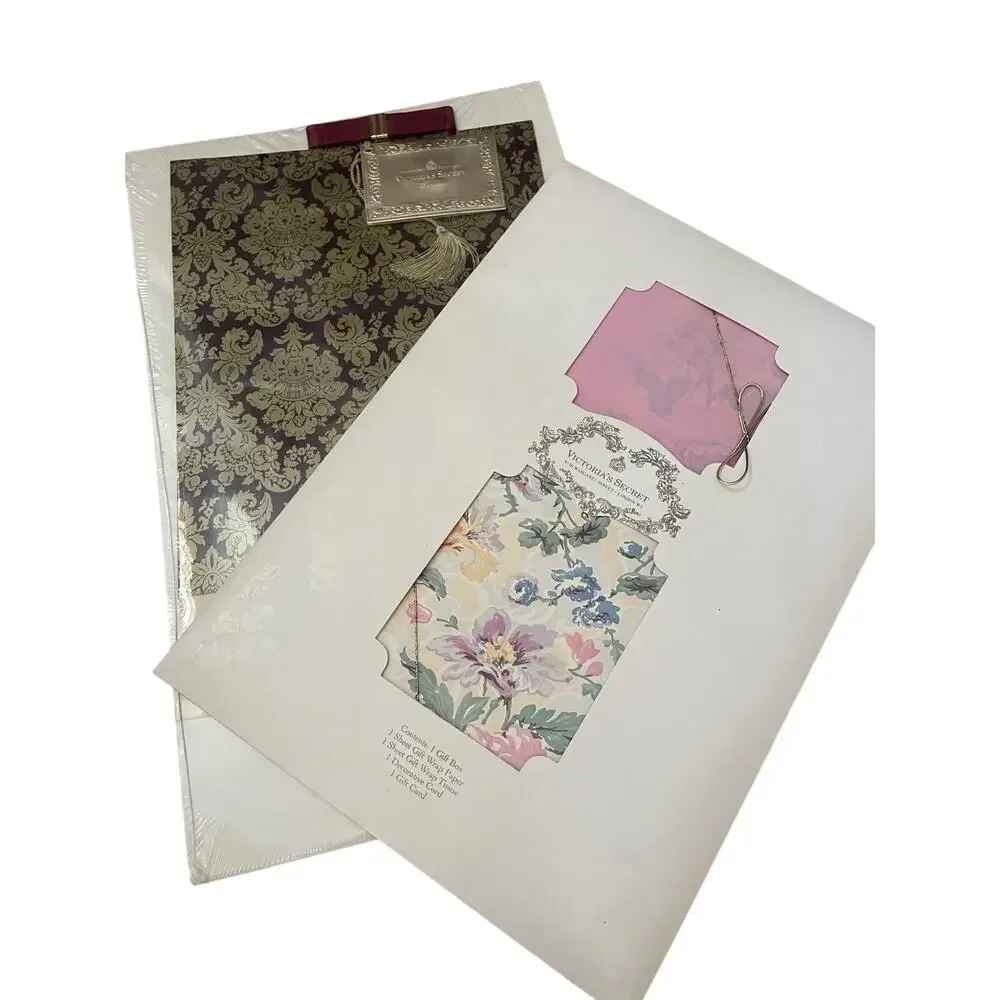 (2) Vintage Victoria’s Secret London Gift Box Wrapping Paper Card Ribbon SET NOS